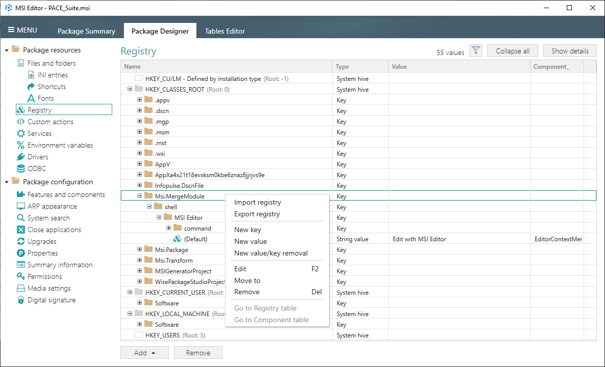 select registry key or value